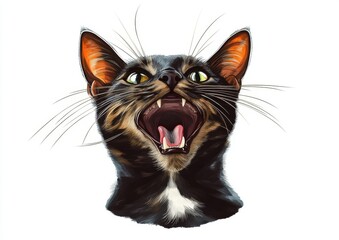 Looking up, the gray cat mews and opens its mouth widely