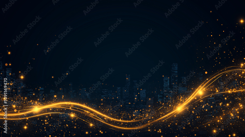 Poster abstract gold wave on dark blue: a captivating abstract background with a luminous golden wave shimm