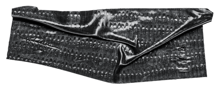 Isolated cut out wrinkled torn adhesive black tape sticker piece or label with texture copy space on transparent png background design element