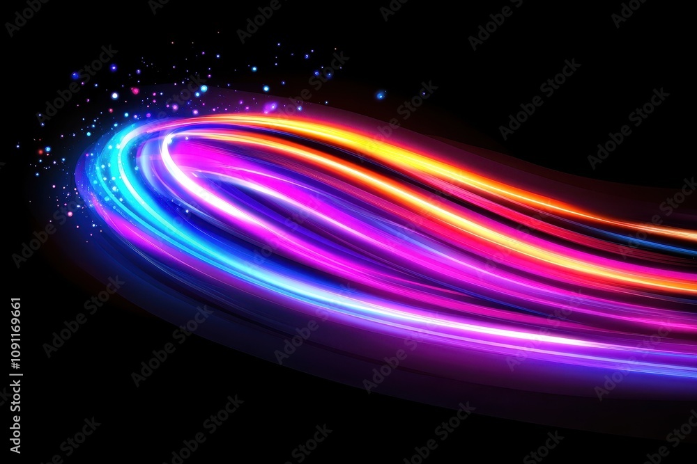 Poster a vibrant swirl of colorful light streaks against a black background, creating a dynamic effect.