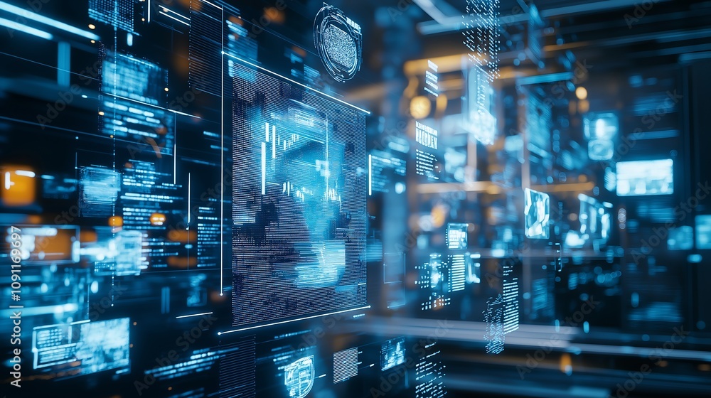 Poster futuristic tech data stream: code, ui, big data analysis