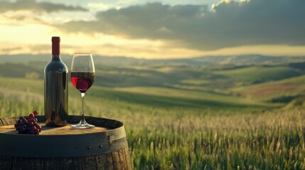 Red wine bottle and wine glass on wodden barrel. Beautiful Tuscany background