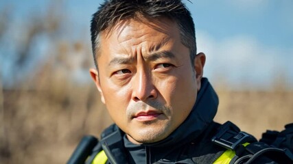 An Asian man wearing a black jacket and yellow vest stands in front of a building.