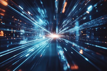 A dynamic visualization of light streaks representing speed and technology.