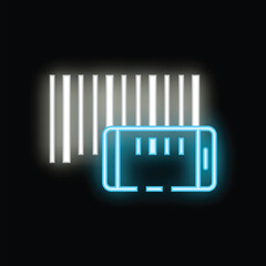 Neon icon of smartphone scanning a barcode on dark background