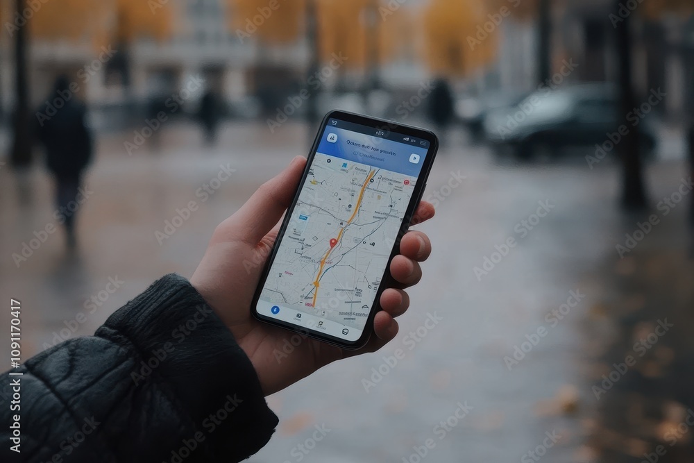 Poster a person holding a cell phone with a map app open