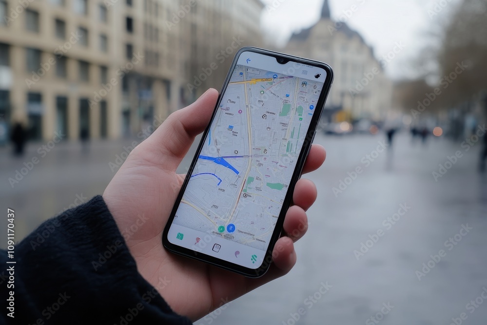 Poster a person is holding a cell phone that is displaying a map