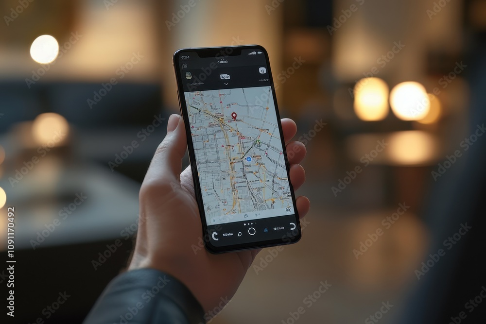 Poster a person is holding a cell phone that is displaying a map