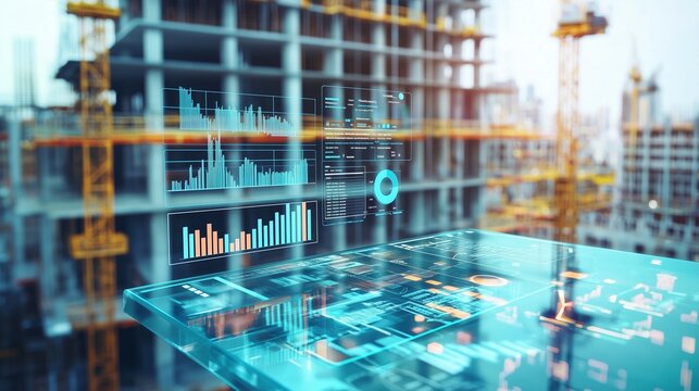 Digital interface overlays a construction site, symbolizing budget monitoring and cost tracking.