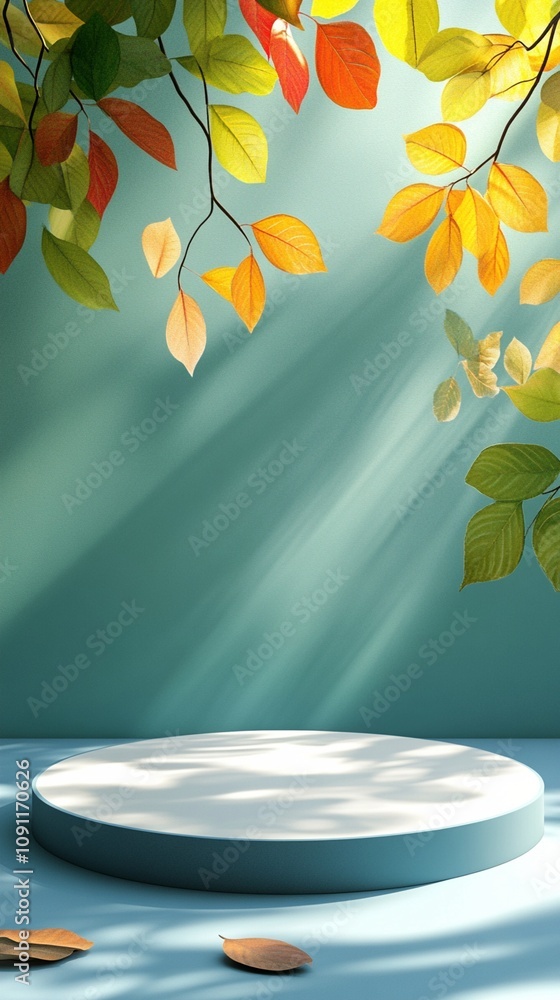 Poster autumn leaves frame a serene teal backdrop, casting delicate shadows on a white circular platform, c
