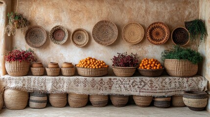 Artisanal baskets filled with fruits.