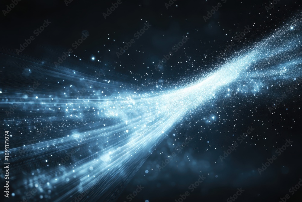 Poster a dynamic flow of light particles creating a cosmic, ethereal effect.