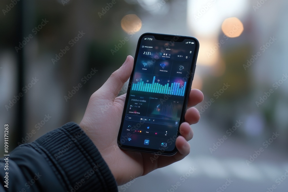Poster a person is holding a cell phone with a screen displaying a graph