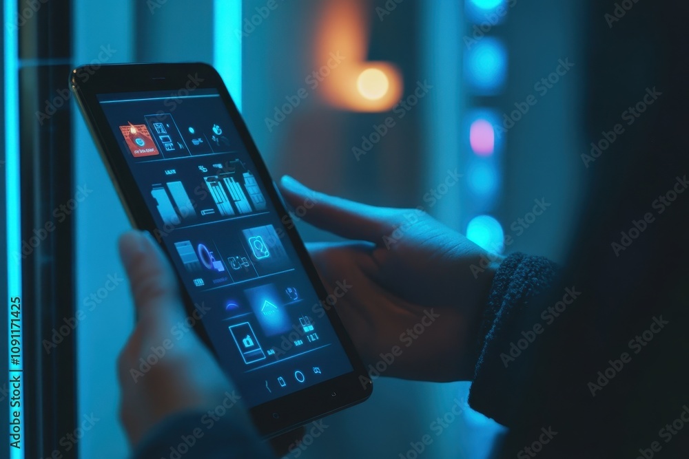 Poster a person is holding a tablet with a screen displaying a list of apps