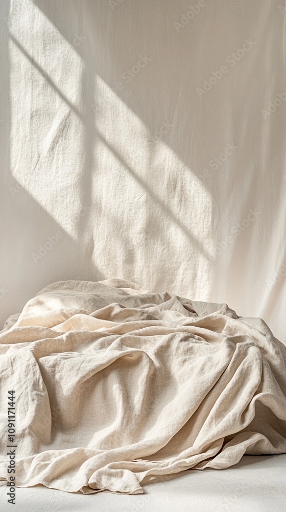 Poster sunlight casts geometric shadows on rumpled linen bedding, creating a serene and minimalist bedroom 