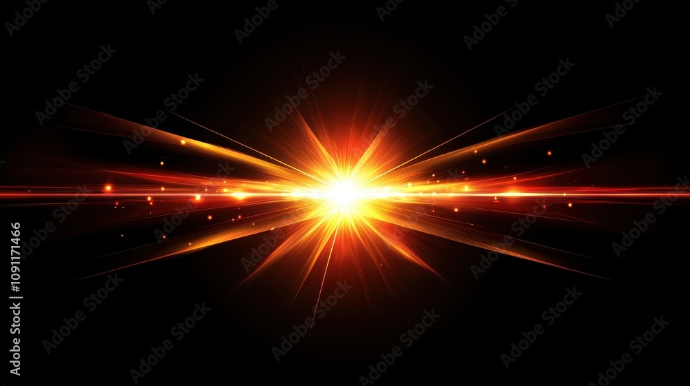 Poster a bright explosion of light with rays and sparkles against a dark background.
