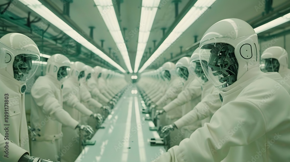 Aufkleber a row of humanoid figures in protective suits working in a high-tech environment.