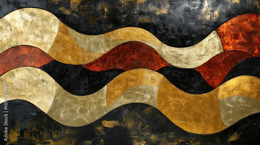 Poster abstract waves in golden and red tones on black background - modern art design with smooth curves an
