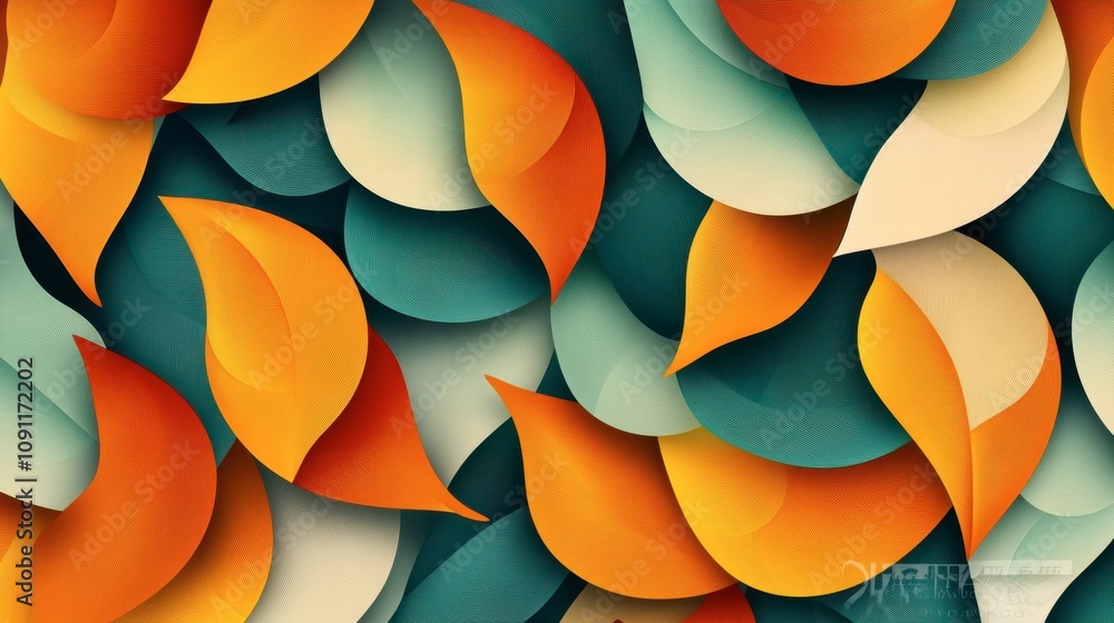 Poster vibrant abstract pattern of colorful leaves in shades of orange, blue, and cream creating a dynamic 