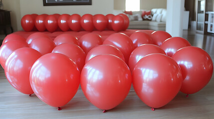 Naklejka premium Vibrant Red Balloons Decorate a Bright Room with Cozy Seating, Perfect for Festive Celebrations, Parties, or Special Events and Gatherings