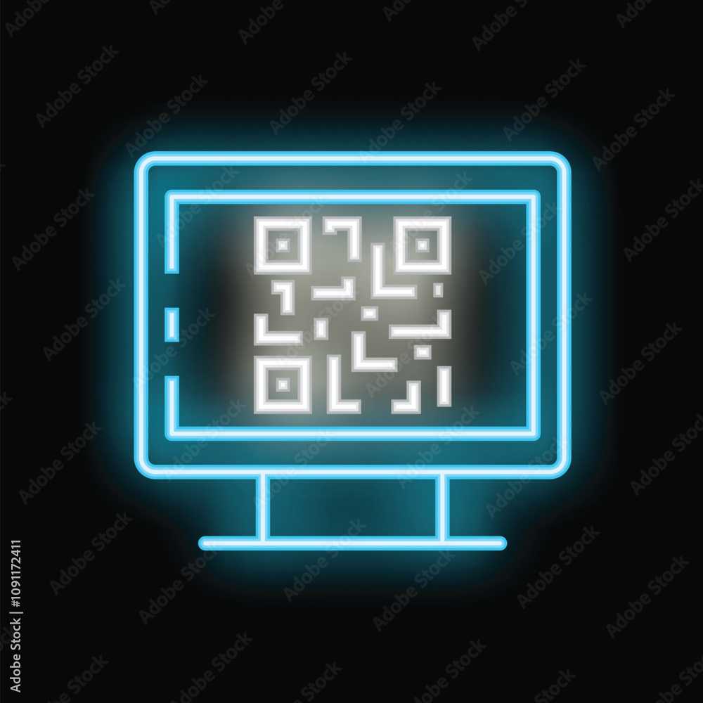 Poster neon sign of a computer screen displaying a qr code for scanning, ideal for illustrating concepts li