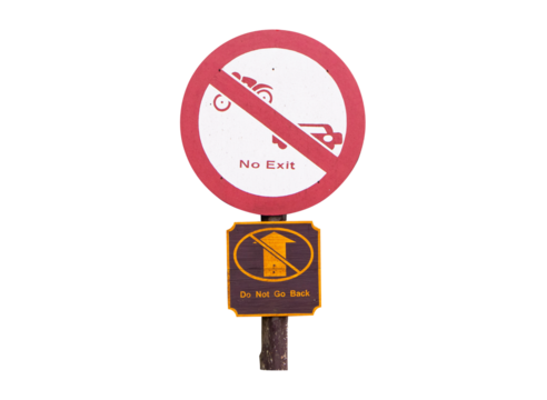 Old white aluminum circle sign No exit, traffic sign on street in park. isolated on cut out PNG or transparent background. Car and motorcycle icon symbols. Traffic warning sign: Do not exit.