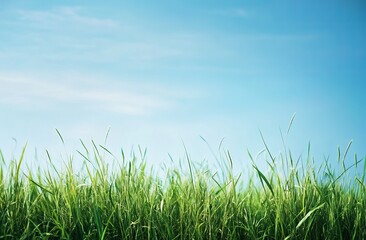 Fototapeta premium Green grass and blue sky A wide, grassy field under the clear, blue sky, with tall, green grass swaying gently in the breeze. The background is a serene and open landscape that creates an atmosphere