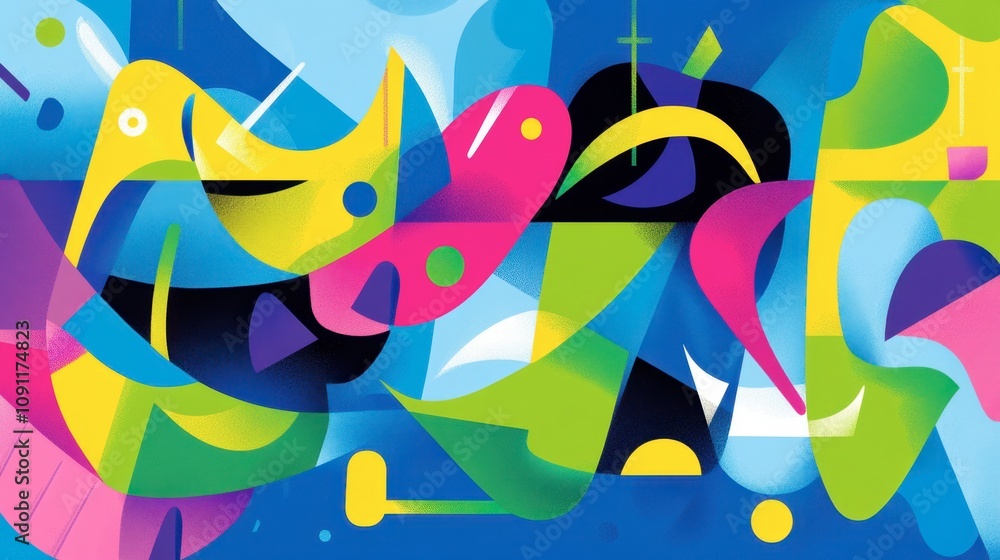 Poster vibrant abstract art featuring geometric shapes and bold colors in a dynamic composition of curves a