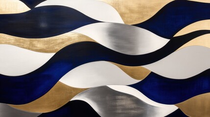 Abstract Waves in Blue, Gold, and Silver Tones Creating a Modern Art Effect with Flowing Patterns Ideal for Contemporary Interior Designs and Decor Inspiration