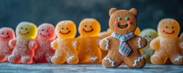Obraz premium A cheerful gingerbread cookie with colorful candy friends, perfect for celebrating warmth and joy during the holiday season.