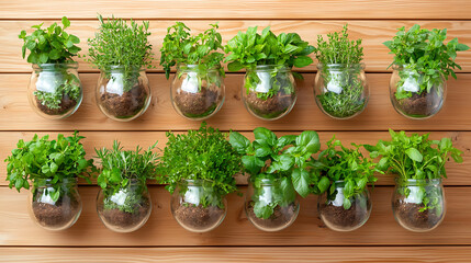 Fototapeta premium Arranged herbs in glass jars on wooden surface, showcasing vibrant greenery and earthy tones. Perfect for gardening enthusiasts and home decor