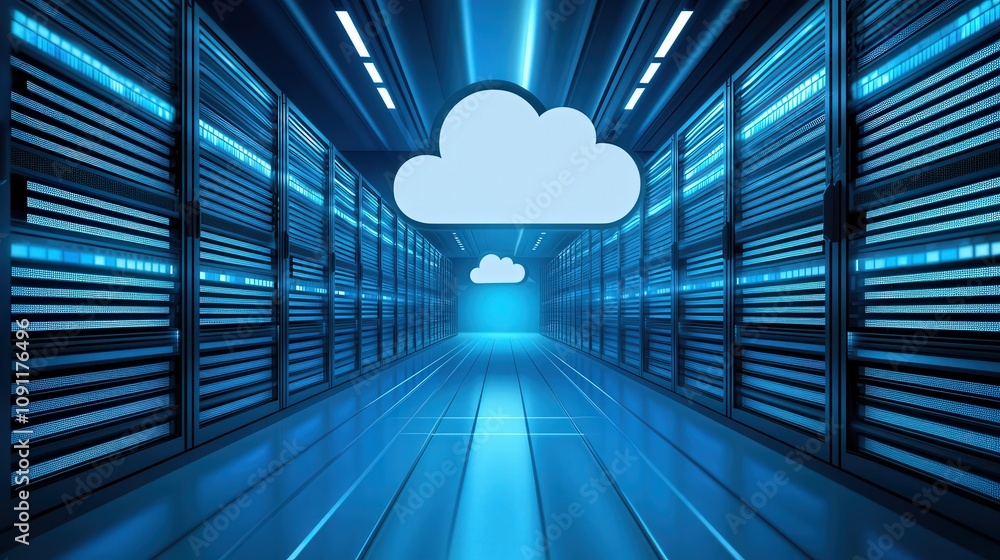 Poster futuristic cloud server room with glowing technology data center digital environment cyber viewpoint