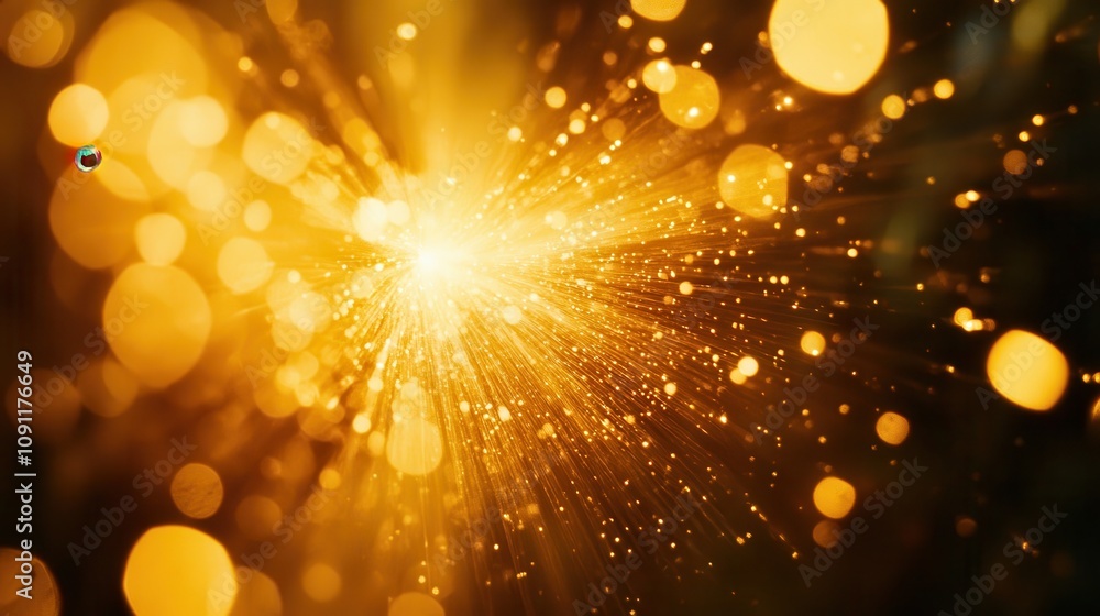 Poster a vibrant explosion of golden light and particles creating a dynamic, energetic atmosphere.