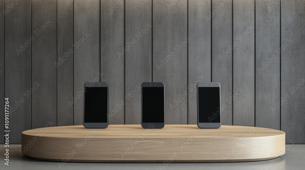 Poster modern minimalist display of three smartphone devices on wooden table with gray wall background in c