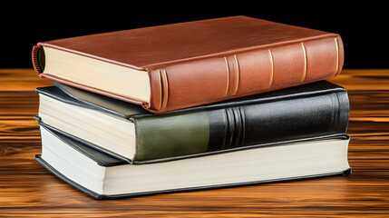 Fototapeta premium Vintage leather-bound books stacked on a wooden surface, showcasing classic literature and timeless knowledge in an inviting and warm setting