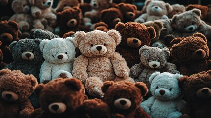 Many teddy bears of various colors and sizes gather closely together