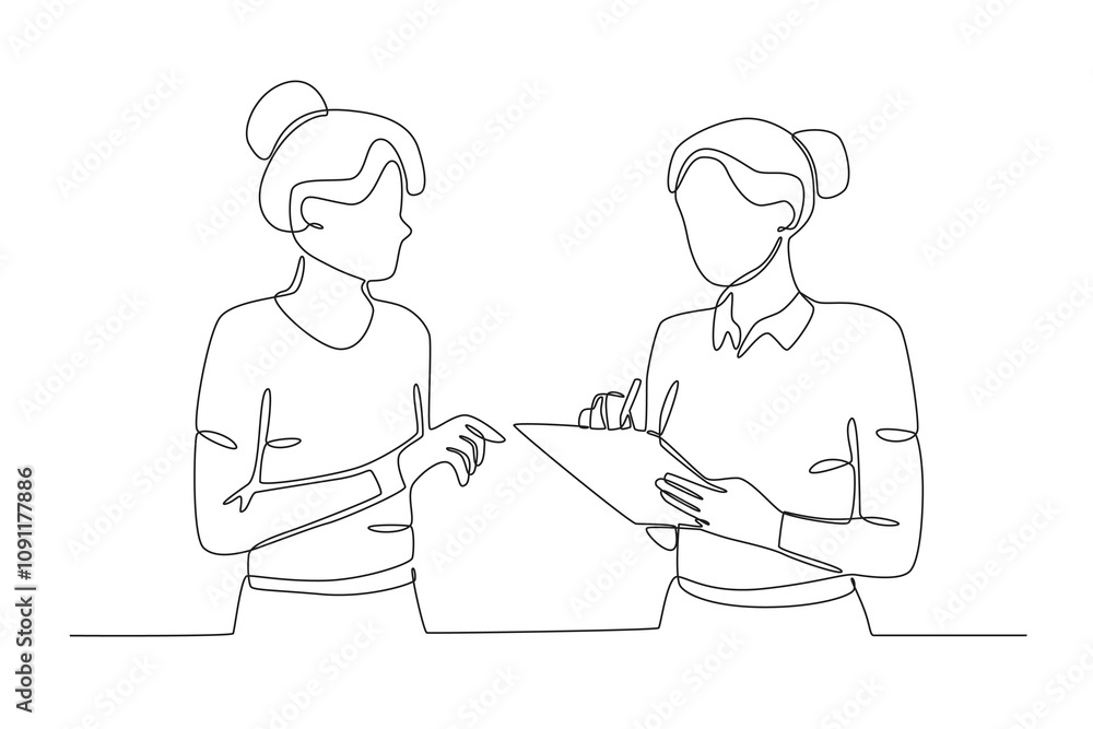 Poster single continuous line drawing of workers from agency workers who are serving customers. dynamic sin