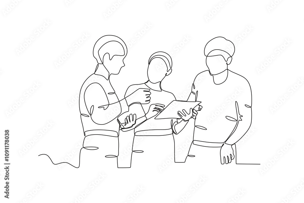 Aufkleber single continuous line drawing of workers from agency workers who meet with customers are explaining