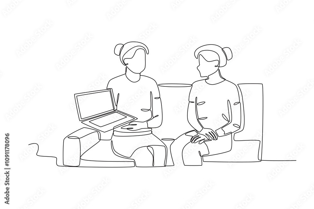 Aufkleber single continuous line drawing of workers from agency workers who meet with customers are explaining