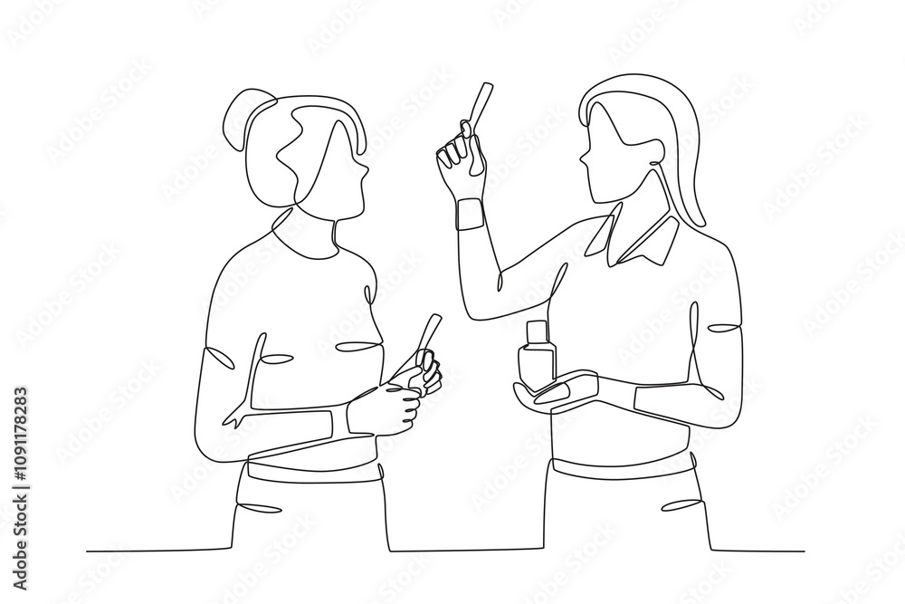 Aufkleber single continuous line drawing of workers from agency workers who meet with customers are explaining