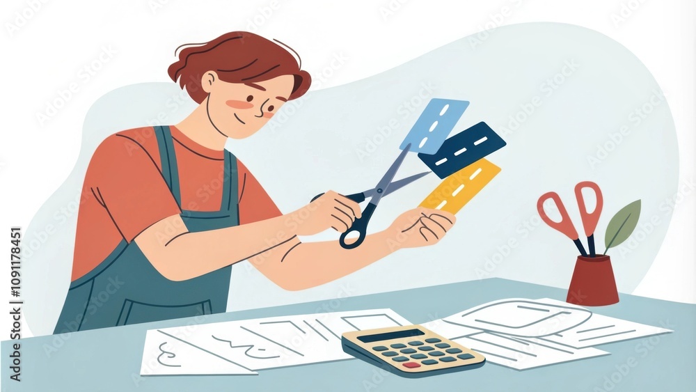 Poster cutting expenses a person using scissors to up credit cards indicating a decision to reduce debt and
