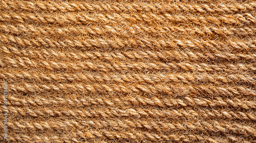 Poster textured coir mat with woven pattern, showcasing natural fibers in top view. intricate design highli