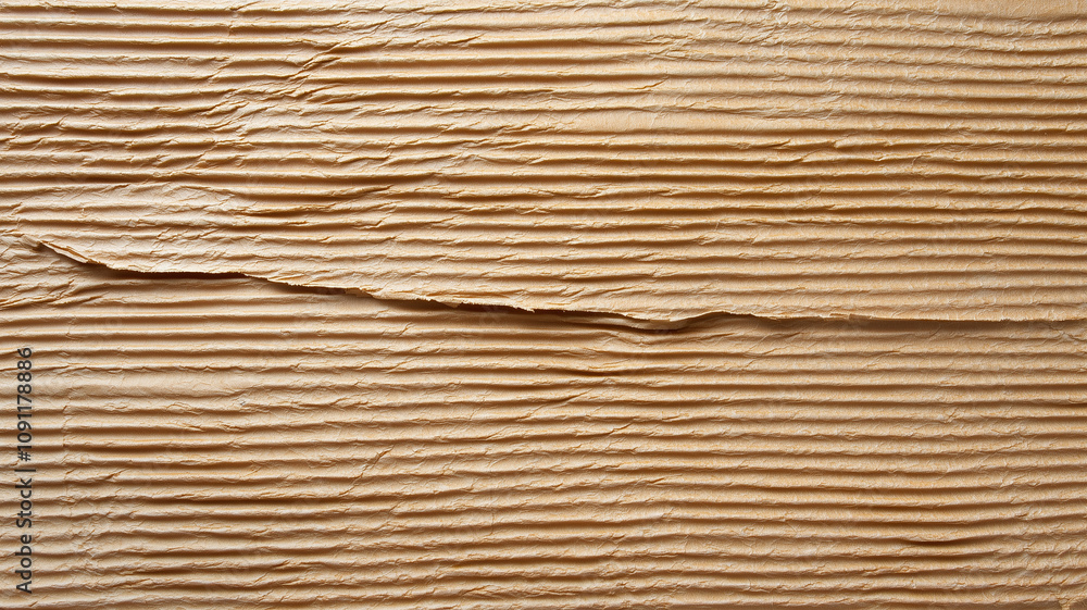 Poster Textured corrugated cardboard surface with horizontal lines and central crease, showcasing natural brown color and rough texture. Ideal for backgrounds or design elements