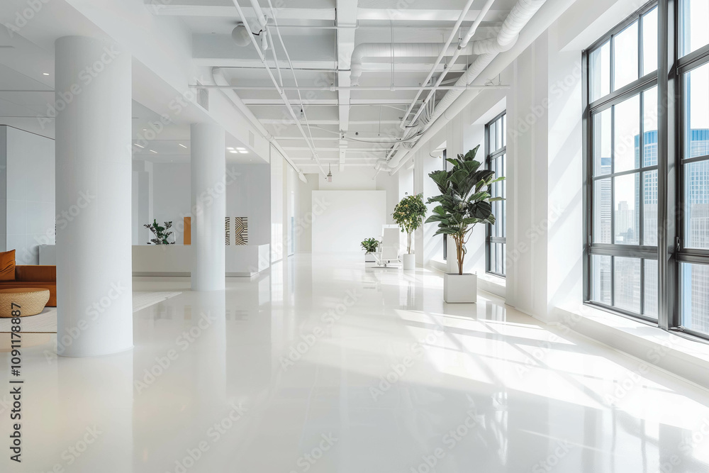 Poster a sleek and modern white and open space office with a spacious and tidy aesthetic. has minimalist fu