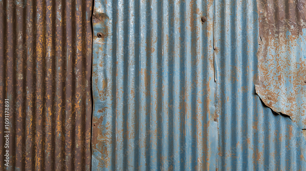 Poster aged corrugated metal texture with rust and peeling paint, showcasing weathered surfaces and industr
