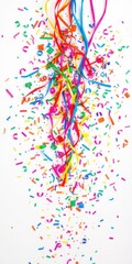Obraz premium Colorful streamers and confetti scattered on a white background for a festive New Year's party, New Year, festive
