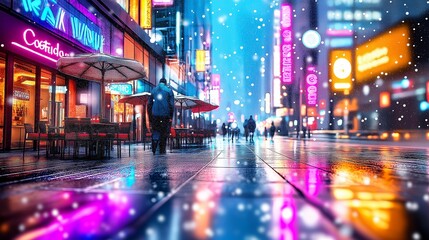 Futuristic Urban Night Scene with Neon Lights and Snowfall on a Wet Street
