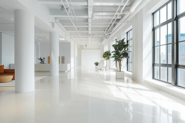 Fototapeta premium A sleek and modern white and open space office with a spacious and tidy aesthetic. Has minimalist furnishings in a bright and airy atmosphere with large windows and white walls