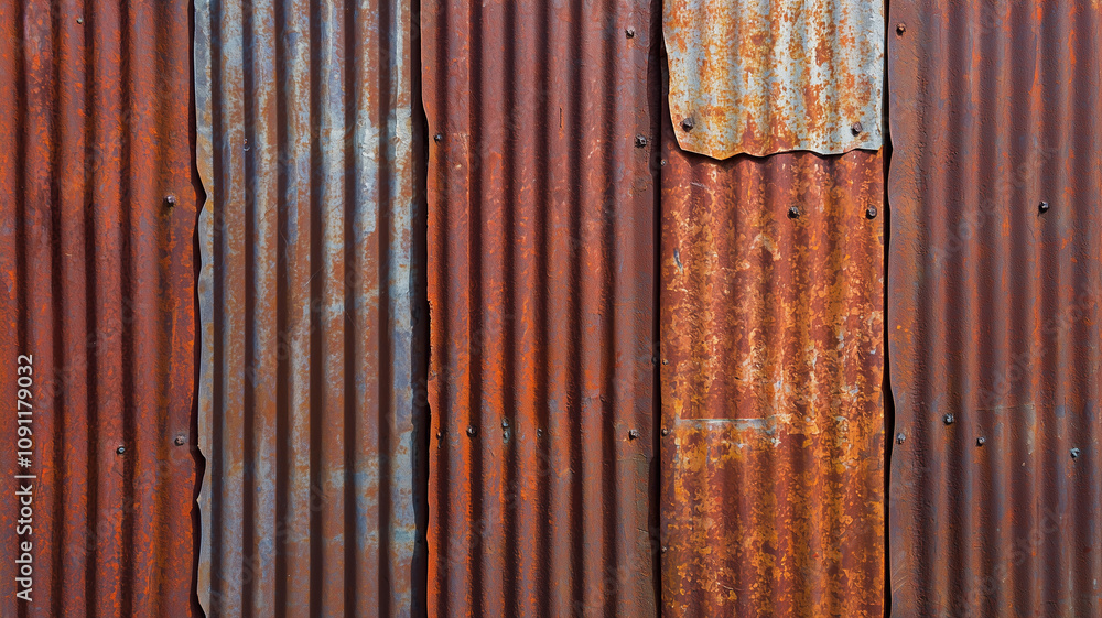 Poster rusted corrugated metal texture with varying shades of brown and orange, showcasing weathered and ag