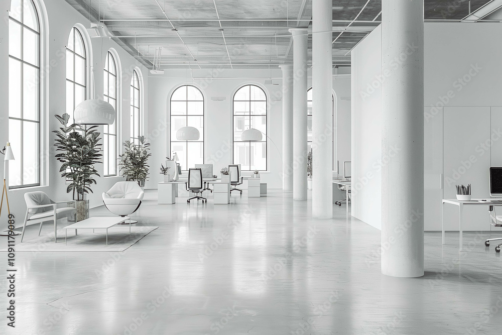 Poster a sleek and modern white and open space office with a spacious and tidy aesthetic. has minimalist fu